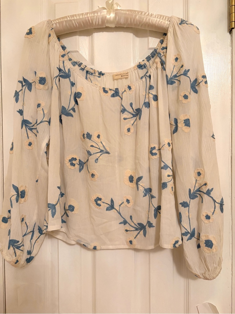 Lovestitch Embroidered off-the-shoulder crop top